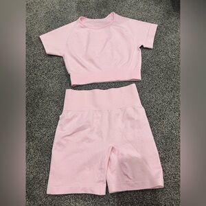 Pink Workout Set - Short Sleeve, Biker Shorts, Bra